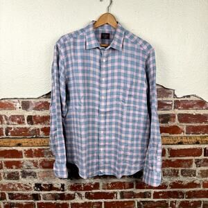 UNTUCKit Shirt Size Large Blue Pink Plaid Linen Long Sleeve Button Up Casual